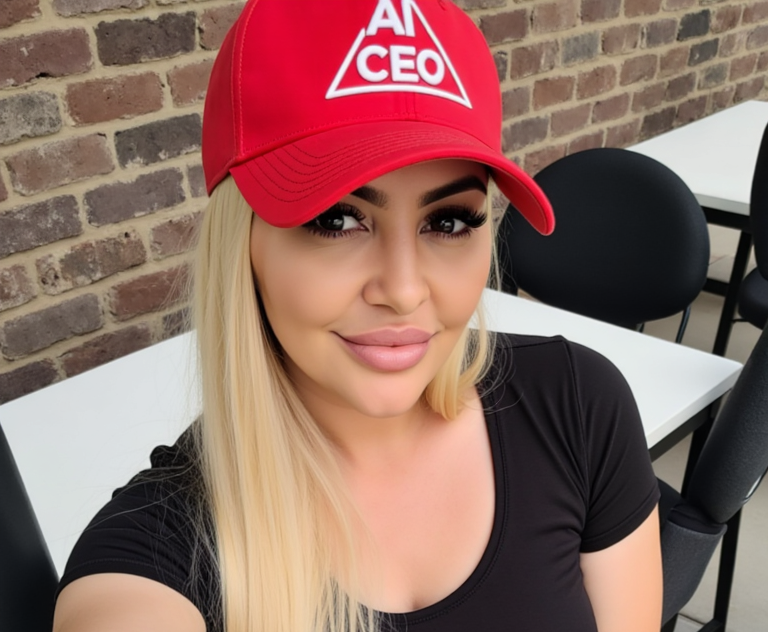 AI-generated avatar of a woman used in digital marketing content, representing how creators are using artificial intelligence to build personal brands and automate visibility online.