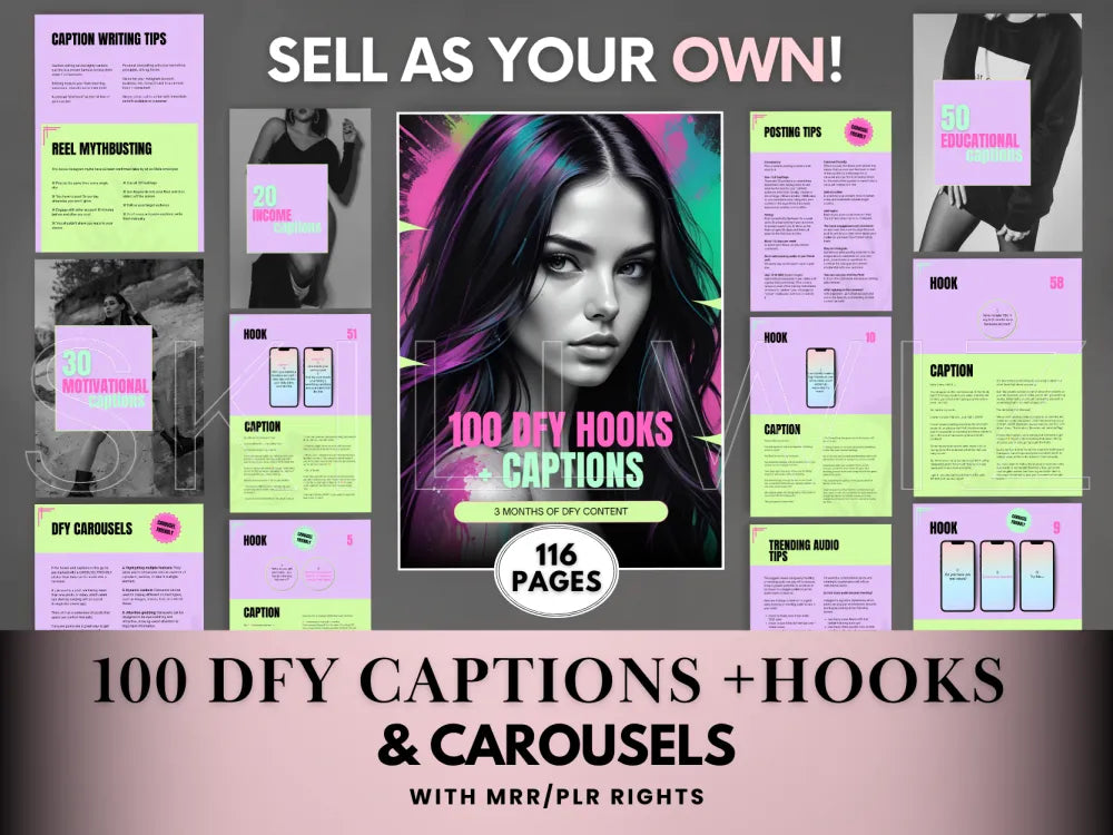 100 Dfy Captions Hooks & Carousels For Faceless Marketing Mrr/Plr