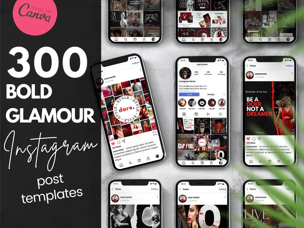 300 Bold & Glamour Instagram Post Templates in Black, White & Red